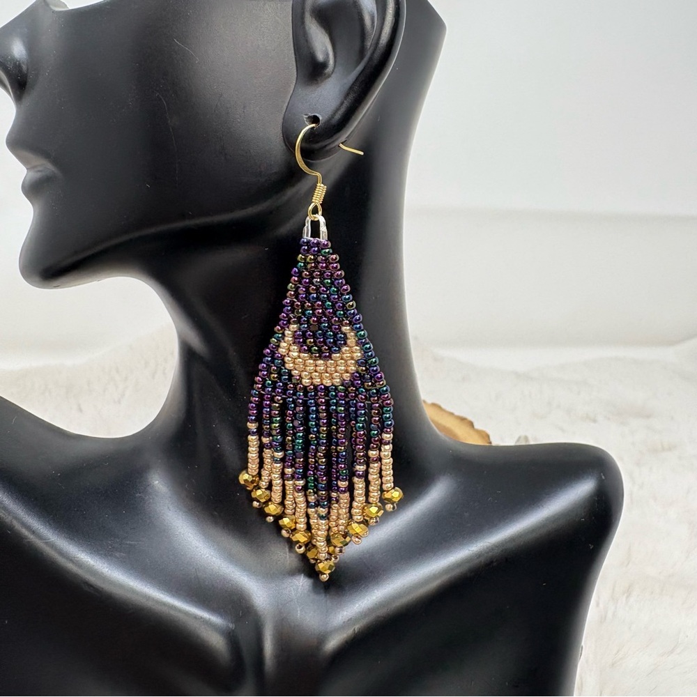 Beaded Fringe Moon Earrings - Picture 3 of 5